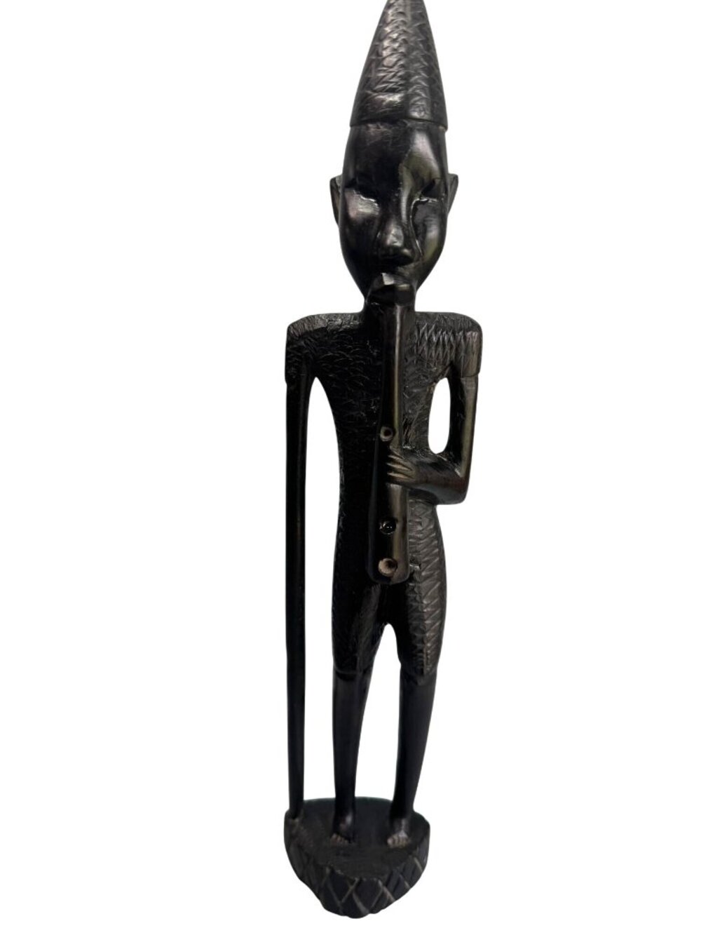 African Tribal Carved Wood Figure Sculpture Flute Player Ebony 15" - Picture 2 of 9